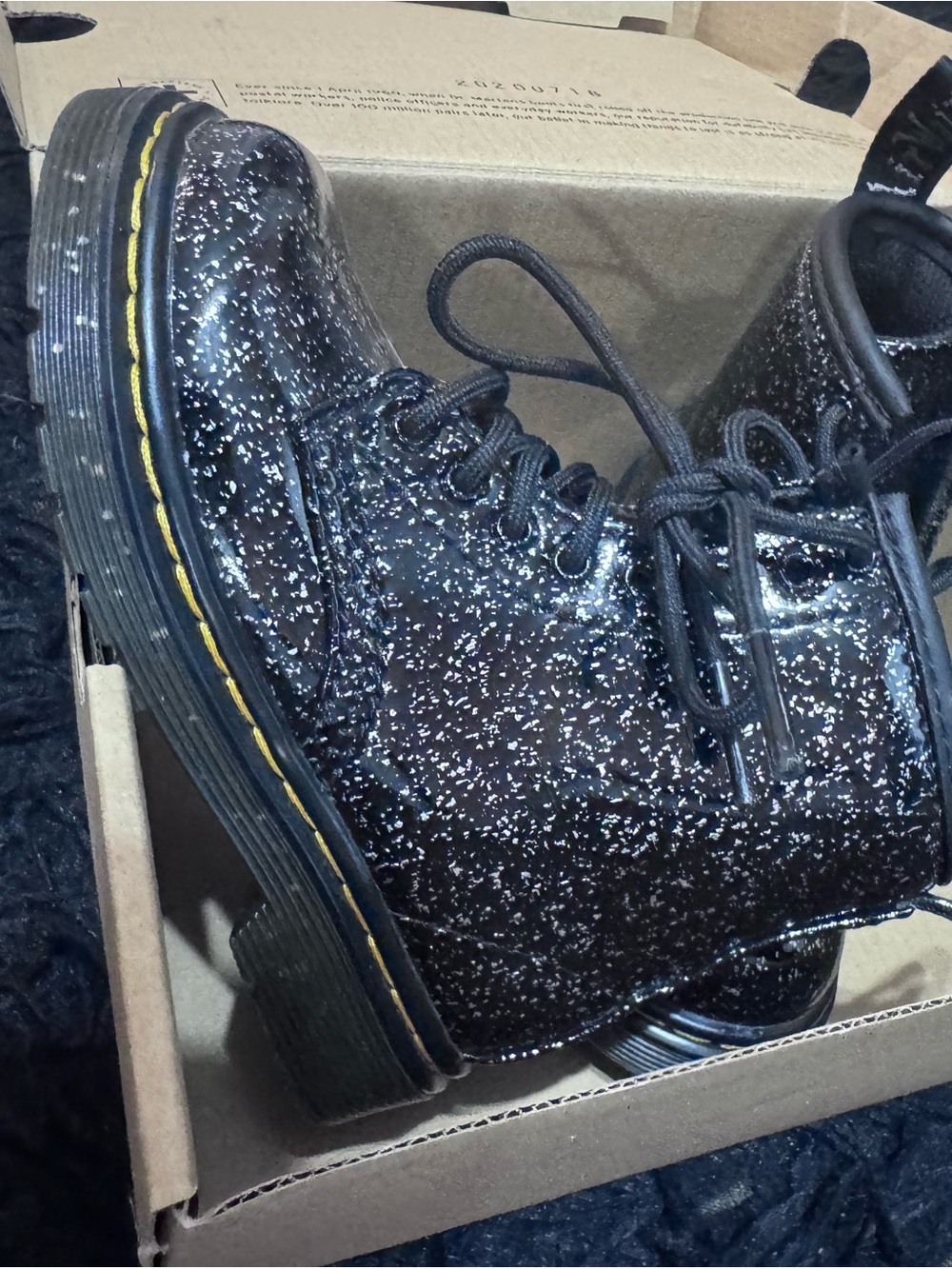 Dr. Martens Black Glitter Lace-Up Combat Boots. Toddler 7